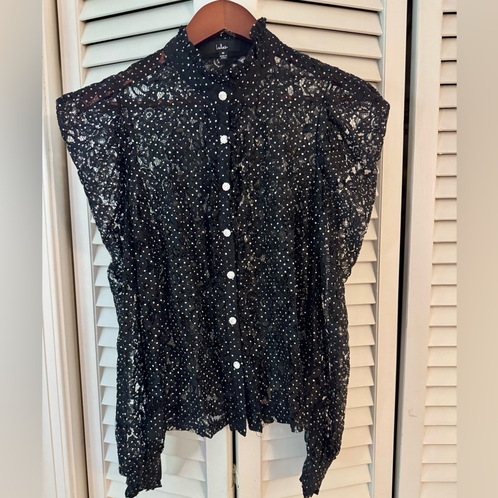 Lulu's Black Lace Blouse with White Buttons